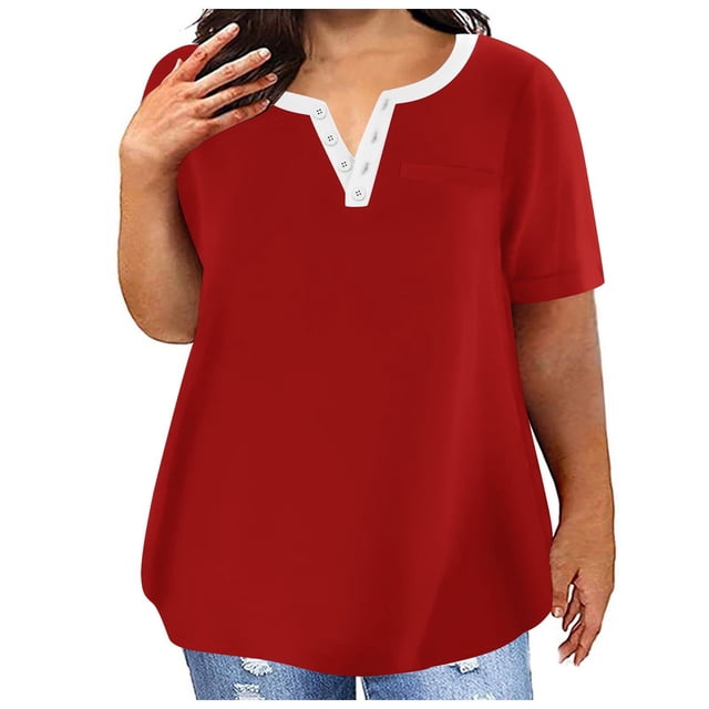 Yuyuzo Plus Size Tops for Women Notch V Neck Solid Color T Shirts Short Sleeve Basic Tees with Pocket