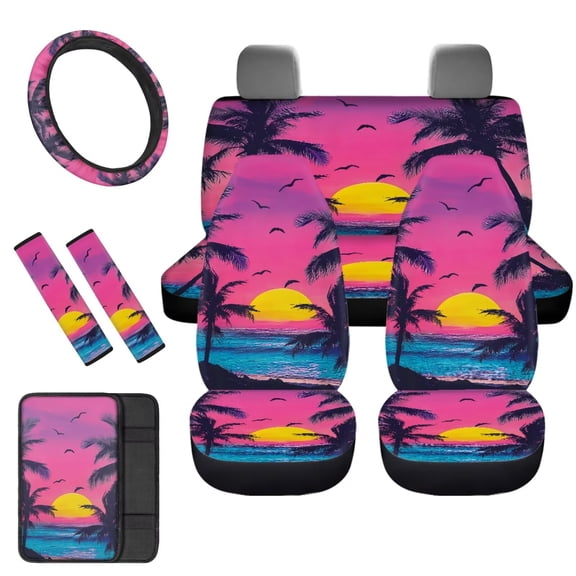 KUIFORTI Hawaii Sunset Front and Rear Car Seat Cover Full Set Coconut Palm Steering Wheel Covers Auto Center Console Cover Pad Cushion Seat Belt Pads for Cars,Trucks&SUVs