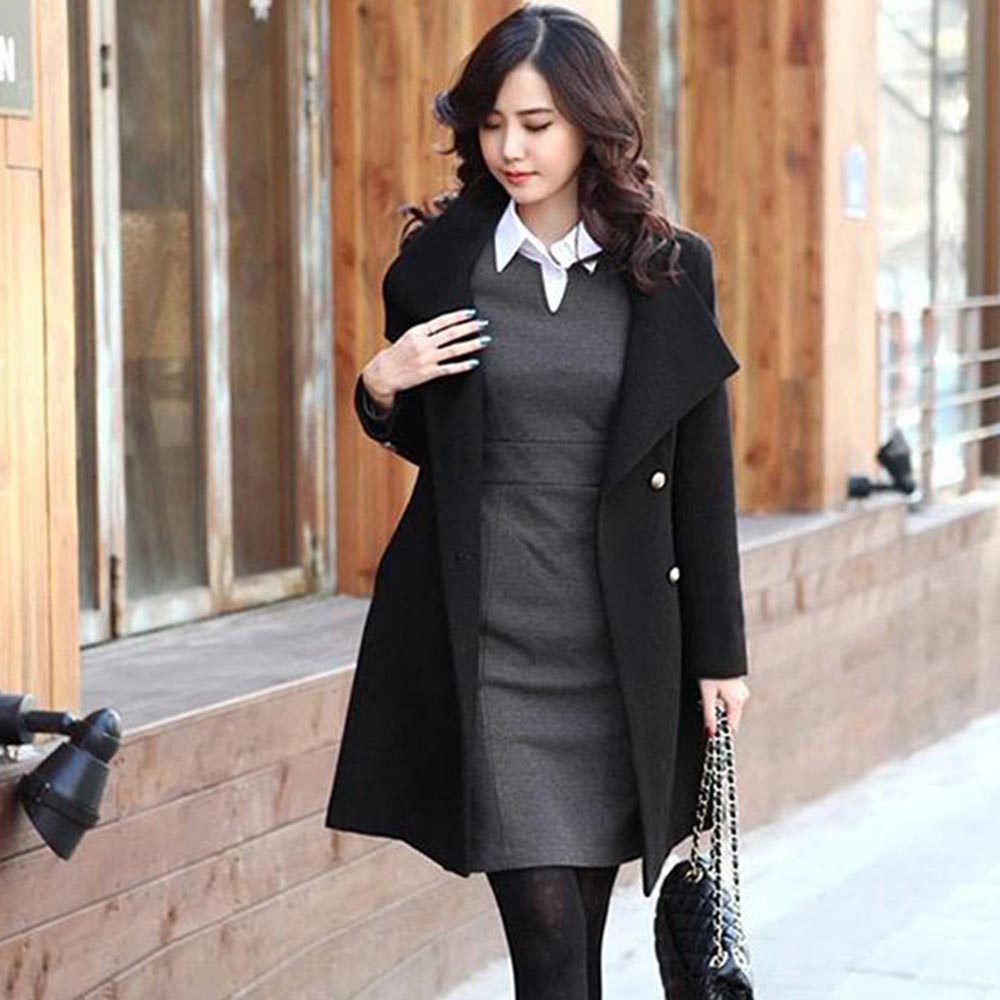Winter Pea Coat Felt Long Jacket for Women Single Breasted Stand Collar S-L - image 2 of 2