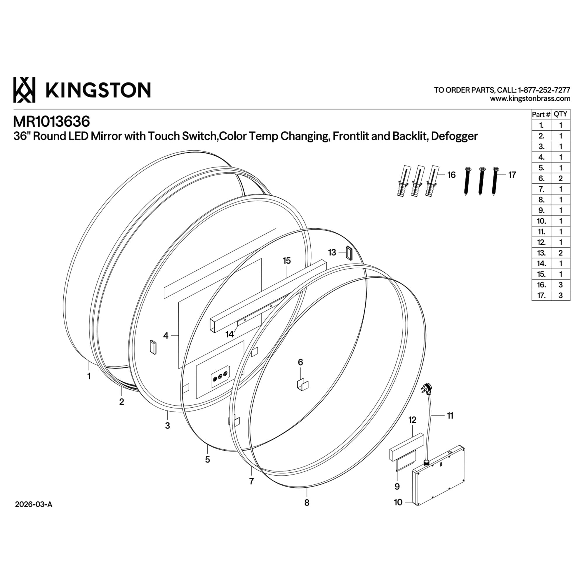 Kingston Brass MR1013636 Aurora 36-Inch Round LED Bathroom Mirror, Front and Back Light, Dimmable Touch Sensor Lighted Mirror in Silver/Gunmetal