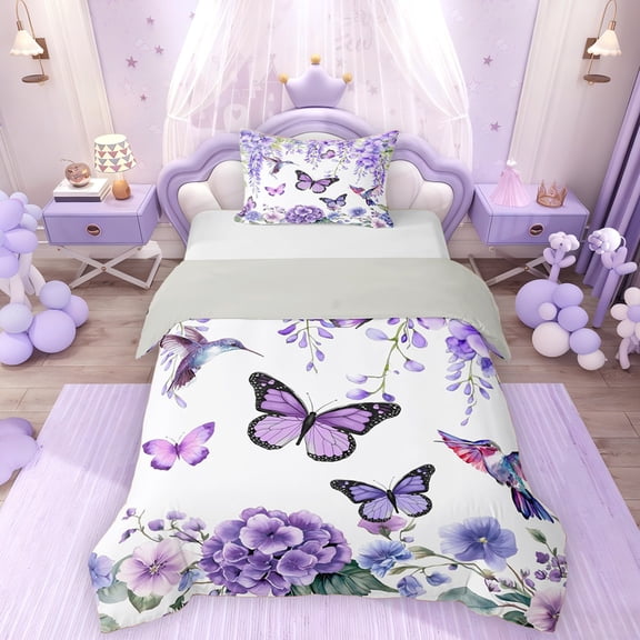 Erosebridal Puprle Buttefly Twin Bedding for Girls, Hydrangea Flower Duvet Cover Set, Gray Reversible, 1 Duvet Cover and 1 Pillowcase (No Comforter)