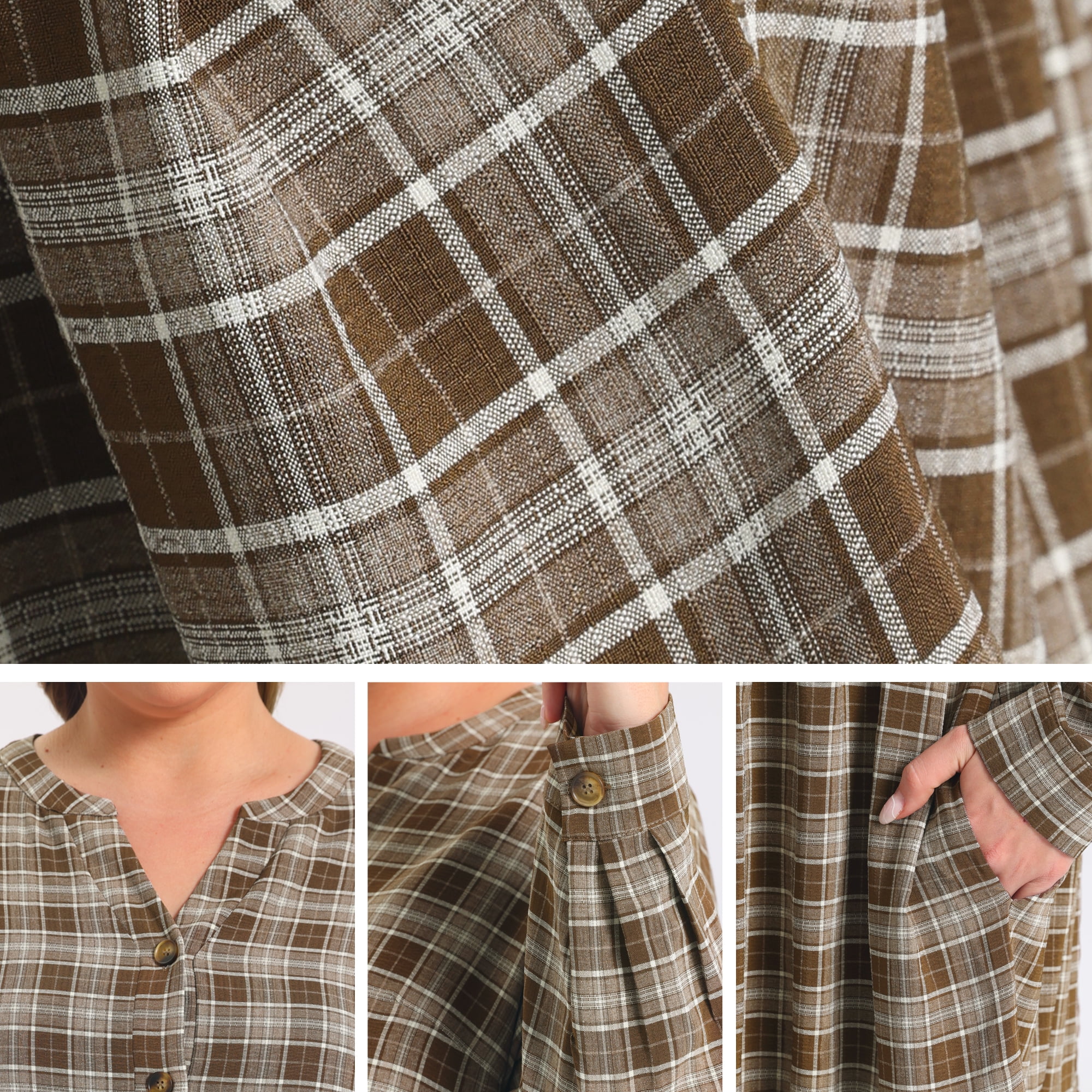 DARING DIVA Women's Plus Plaid A-Line Button Front Notch Dress 3X Brown
