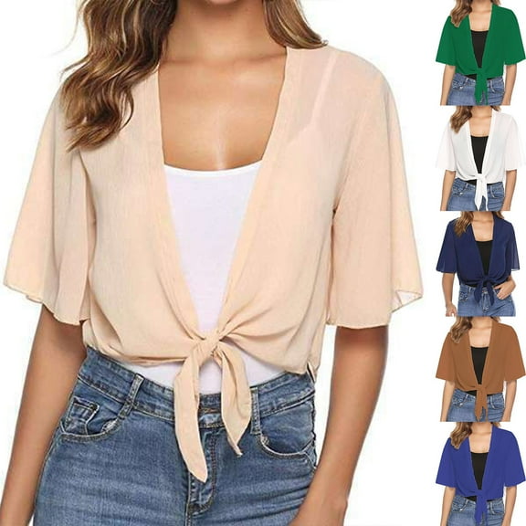 idosla Women's Chiffon Cropped Bolero Sheer Shrugs for Dress Short Sleeve Tie Front Cardigan (Blue, M)