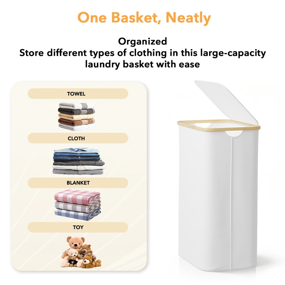 PLUMEBAY 110L Laundry Hamper with Lid, Large Foldable Clothes Basket with Bamboo Handles, Tall Fabric Hamper for Bedroom, Bathroom, Dorm, White