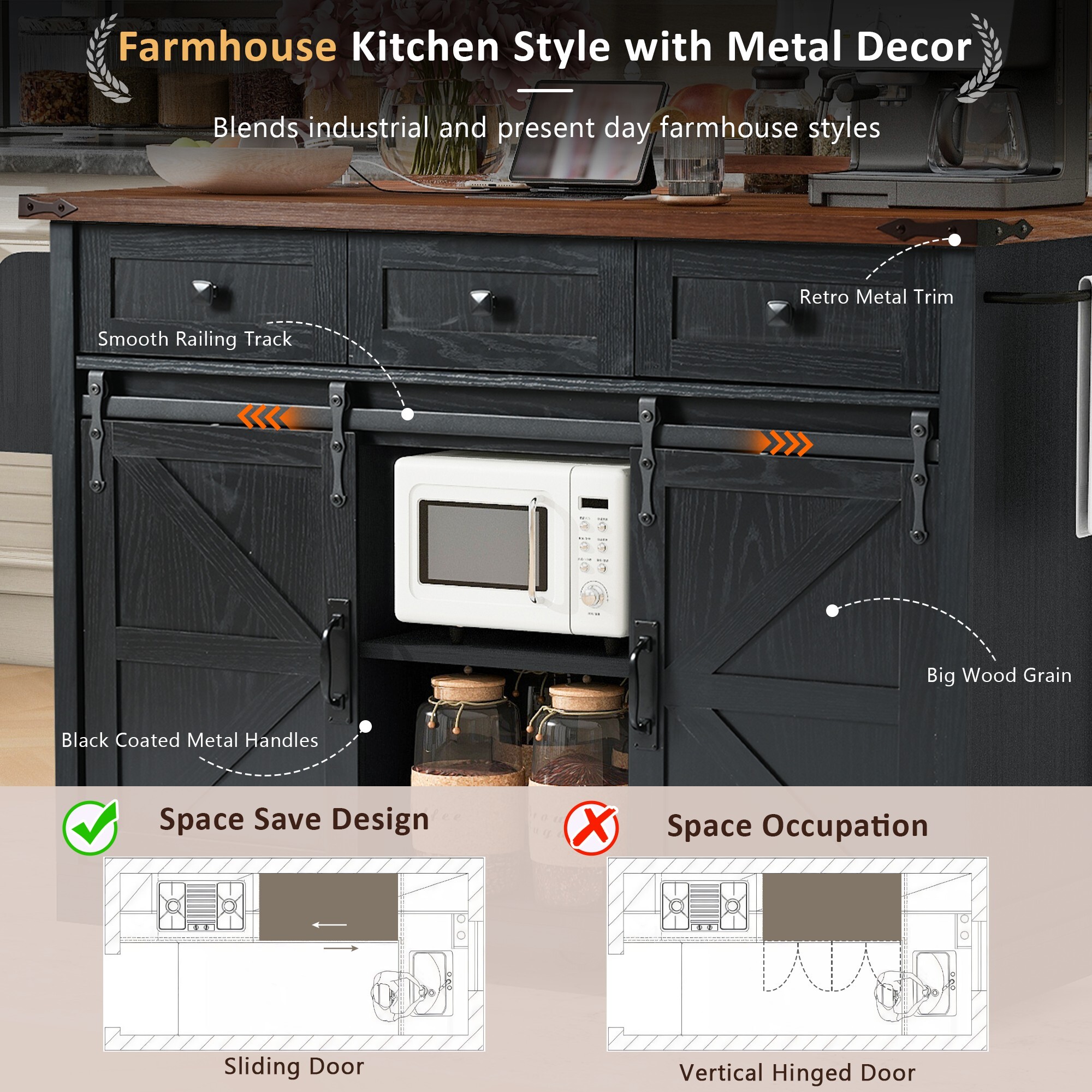 AENKYO 53.7" Farmhouse Kitchen Island with Power Outlet, 3 Drawers,2 Sliding Barn Door,Drop Leaf, Spice Rack,Rolling Kitchen Cart on Wheels for Home, Kitchen and Dining Room,Black