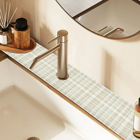 Faucet Mat for Kitchen Sink 30'' Sink Splash Guard Mat Super Absorbent Fast Drying Drain Pad Beige and White Plaid 2 Pack