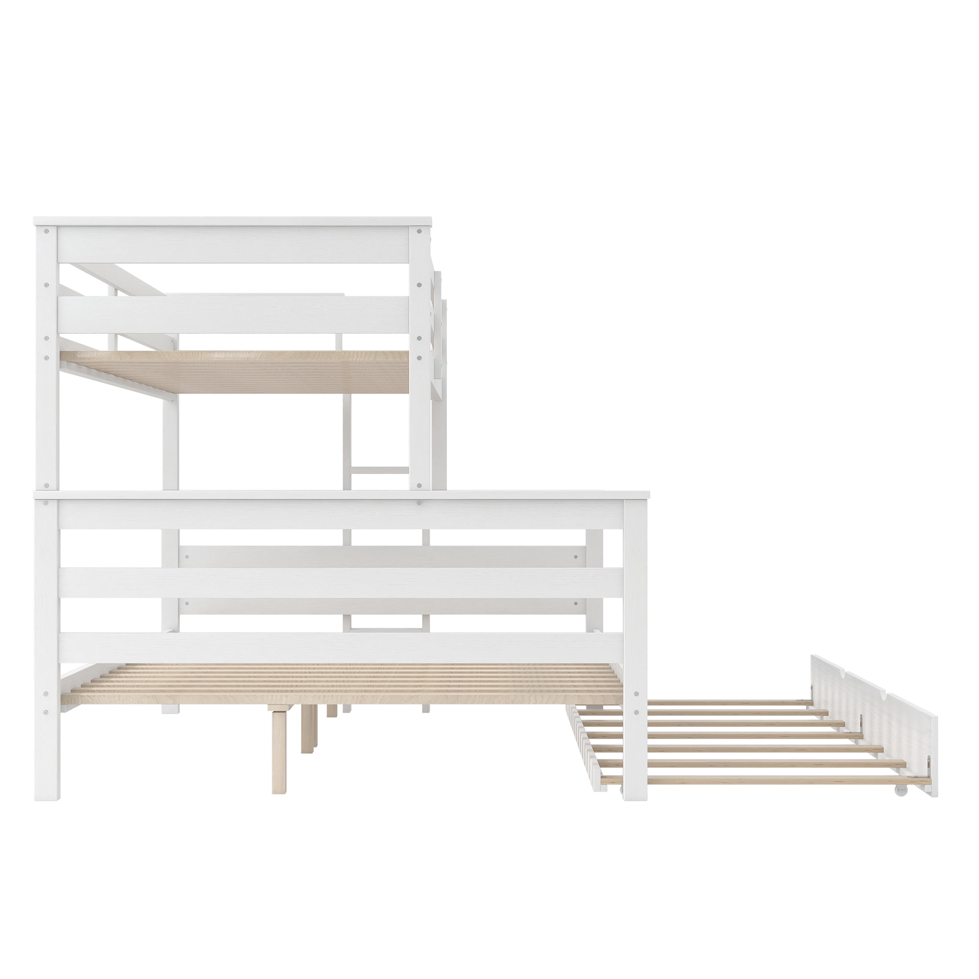 Euroco Wood Twin XL over Queen Bunk Bed with Trundle, 3 Beds in One Design, White