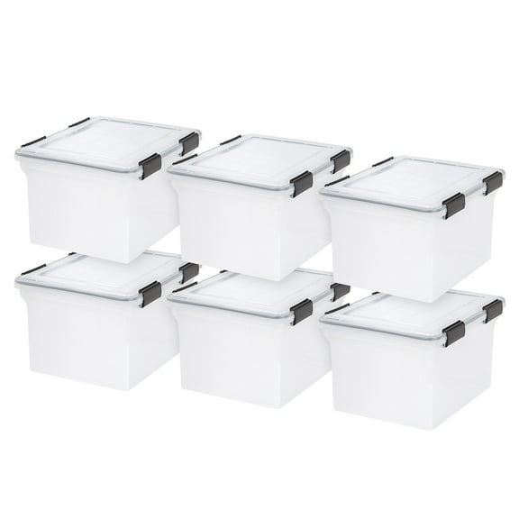 IRIS USA File Box WeatherPro File Organizer Plastic File Box for Letter/Legal File, Durable Lid and Seal w/ Secure Latching Buckles, Stackable and Nestable, Clear 32 Qt. 6Pack