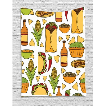 Mexican Tapestry, Latin Food Chili Taco Nachos Burrito Tequila Rice Corns Best Supper, Wall Hanging for Bedroom Living Room Dorm Decor, 40W X 60L Inches, Ginger Apricot Lime Green, by (The Best Tequila In Mexico)