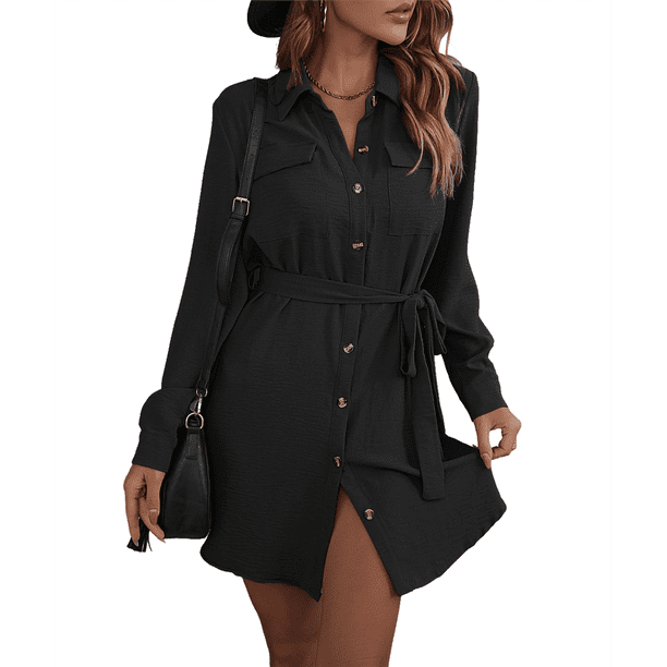 Vestido Camisero de Larga con Botones para Mujer, Informal, Holgado, con Cintura Ajustable y de . Negro L