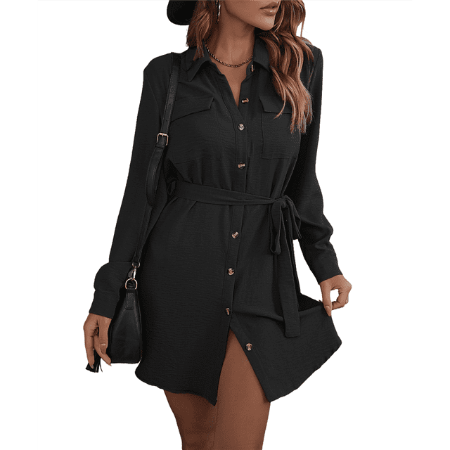Vestido Camisero de Larga con Botones para Mujer, Informal, Holgado, con Cintura Ajustable y de . Negro L