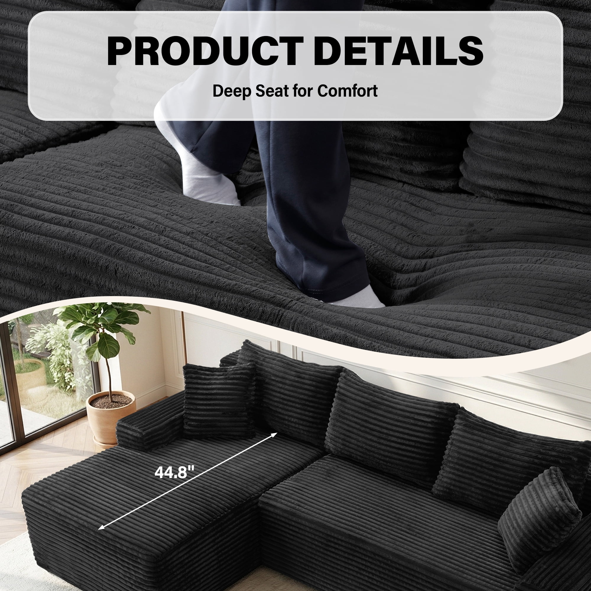 Aukfa 96" L-Shaped Cloud Sectional Sofa, Modular Boneless Couch with Deep Seat&Left-Facing Chaise for Living Room, Corduroy, Black