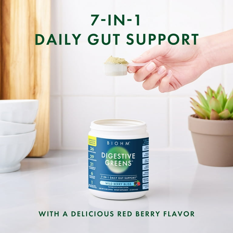 BIOHM Digestive Greens Powder with Probiotics, Mixed Berry Flavor