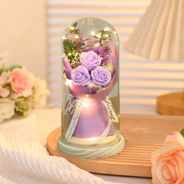Minilámpara Led con Adorno Floral Preservado | Luz Nocturna de Flores Eternas | Decoración para El Hogar de San Valentín | Complemento para Mesita de Noche | Regalo de Cumpleaños y Navidad | Brillo S