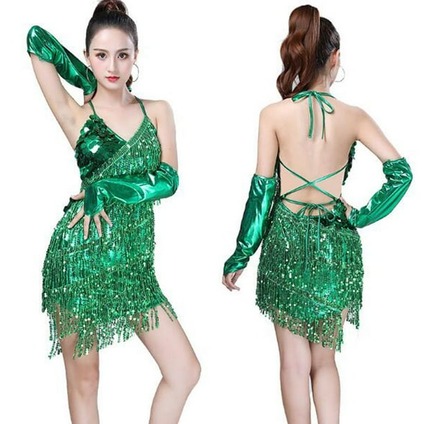 Vestido de baile latino para mujer lentejuelas borlas trajes de samba vestidos de tango ropa y guantes para baile de salon Verde Baoblaze Vestido de baile de salon Bodega Aurrera en