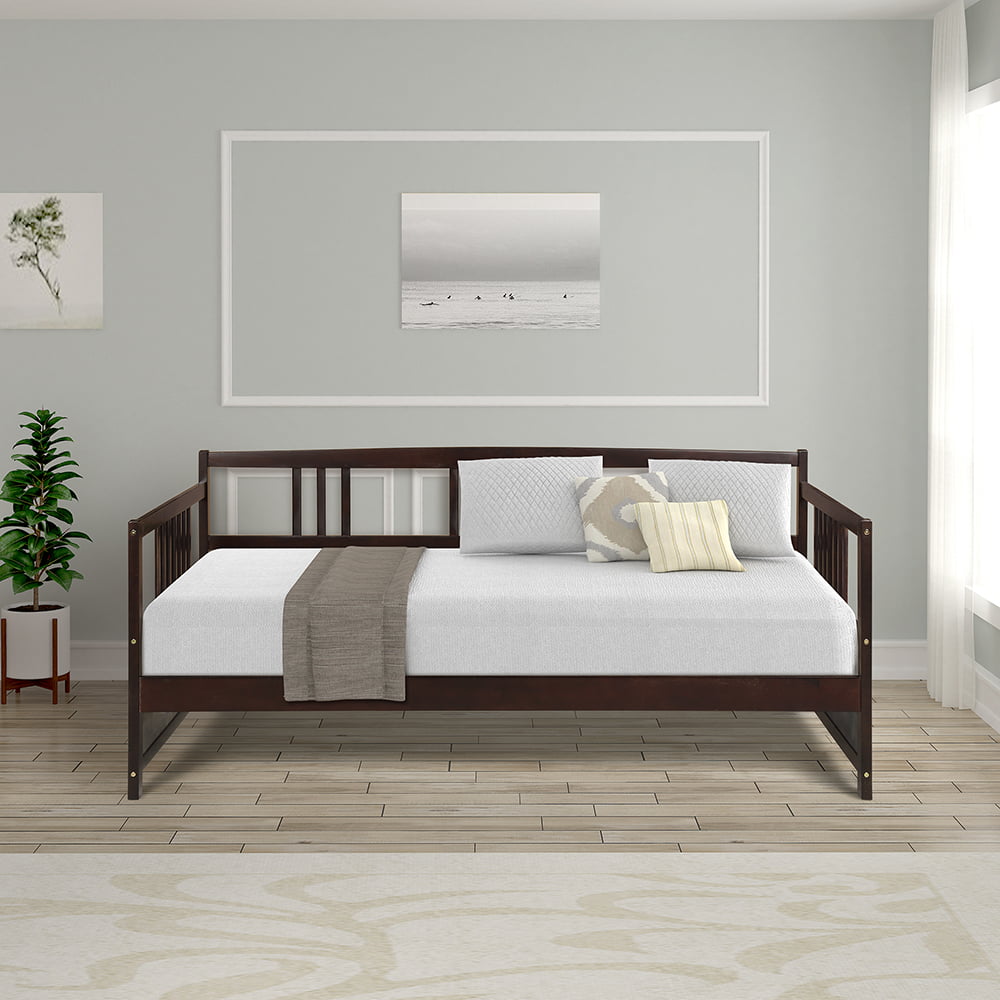 Modern Solid Wood Daybed Twin Size Wood Bed Frame,Load 450 lb,Espresso/ White 
