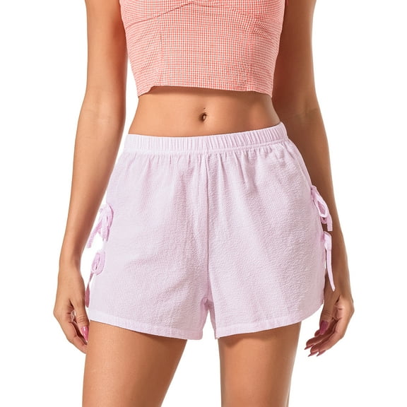 Rdhnmea Womens Pinstripes Print Shorts Side Slit Bow Leisure Elastic High Waist Waistband Summer Beach Short Pants