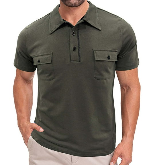 QUINDOS Short Sleeve Mens Shirts Big and Tall Collared Polo Casual Shirts Solid Pocekts Loose Regular Fit T-shirts