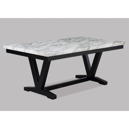Modern White Faux Marble Dining Table - 72 Rectangular Black V-Base Seats 6 Wood for Dining Room. Stylish & Durable Formal Look.