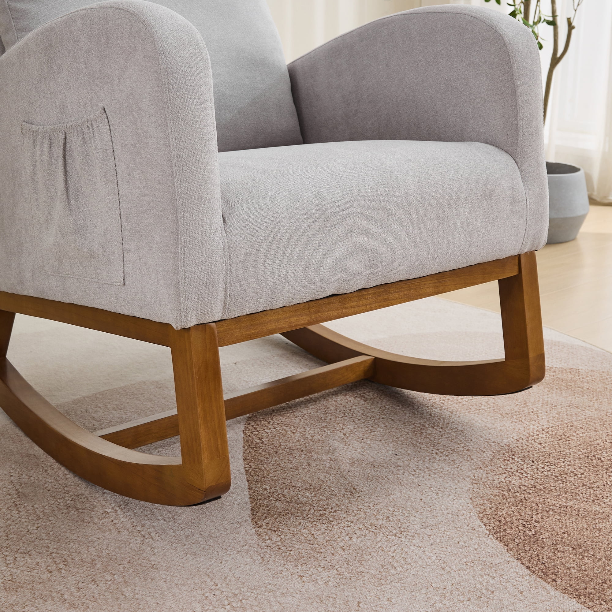 27.2"W Rocking Chair for Nursery, Polyester Glider Chair with High Back and Side Pocket, Rocking Accent Armchair with Rubber Wood Legs for Living Room/Bedroom.Light Gray