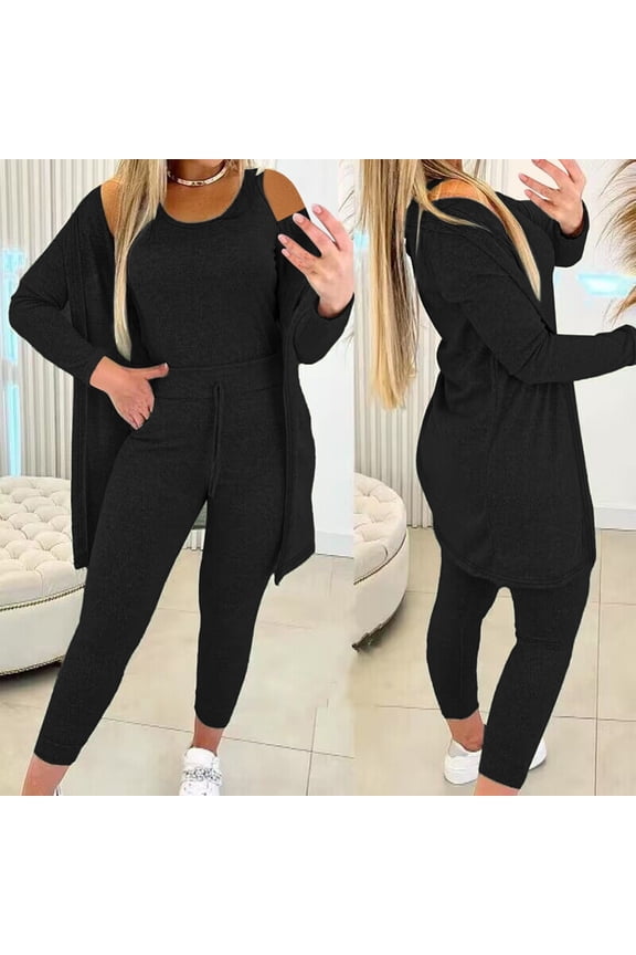3 Piece Lounge Sets for Women Solid Color Cardigan Crewneck Sleeveless Tank Top and Jogger Sweatpants Fit Workout Outfits Activewear Tracksuit Jogging Suits Sweatsuits