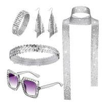 HUANLEDASH 5 Pcs/Set Women Jewelry Set Sequin Rhinestone Decor Vintage 60s 70s Disco Party Favors Cosplay Earrings Sunglasses Bracelet Headband Scarf Set