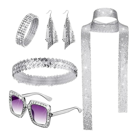 HUANLEDASH 5 Pcs/Set Women Jewelry Set Sequin Rhinestone Decor Vintage 60s 70s Disco Party Favors Cosplay Earrings Sunglasses Bracelet Headband Scarf Set