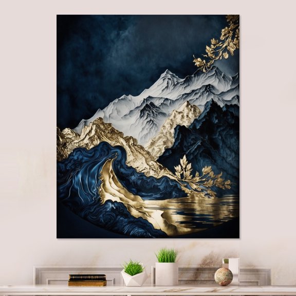 Designart "Frosted River and Mountain Gold I" Landscape Forest River Mountains Metal Wall Art