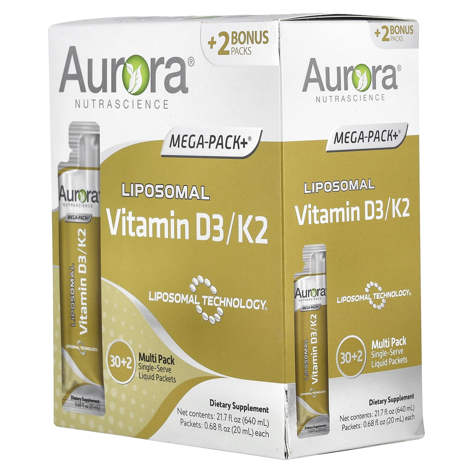 Aurora Nutrascience Liposomal Vitamin D3/K2, 32 Packets, 0.68 fl oz (20 ml) Each
