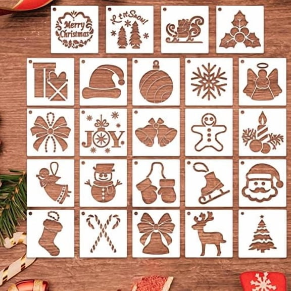 24 Pcs Christmas Stencils for Painting On Wood, Small Reusable Snowflake Santa Claus Christmas Tree Drawing Painting Stencils for DIY Card Craft Home Decor (3x3 Inch)$$