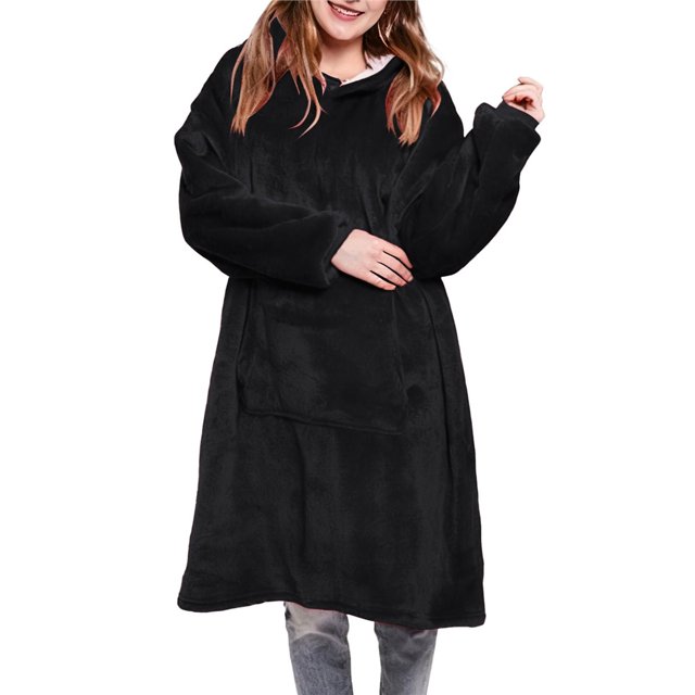 Couverture Portable à Capuche pour Femmes en Molleton, Sweat à Capuche Chaud et Confortable avec Poche, Régulier, Simple, Noir, Taille Unique