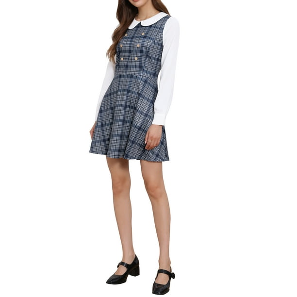 Vestido mini A-line de manga larga con cuello Peter Pan de cuadros para mujer Allegra K L gris azul