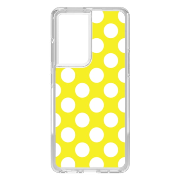 DistinctInk Clear Shockproof Hybrid Case for Galaxy S21 ULTRA 5G (6.8" Screen) - TPU Bumper, Acrylic Back, Tempered Glass Screen Protector - White & Yellow Polka Dots