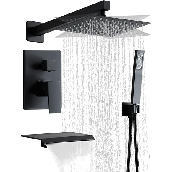 Matte Black Shower Faucet Set with Tub Spout 10 Inch, Shower Head and Handle with 2 Hooks, Tub and Shower Faucet Combo, Rain Shower and Handheld Shower System Square Wall Mount for Bathroom