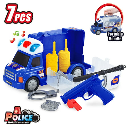 Best Choice Products 7-Piece Kids Portable Push & Play Fix-It Storage Vehicle Police Truck Pretend Toy Set w/ LED Lights, Sounds, Siren, Handcuffs, Whistle, Walkie Talkies -