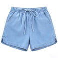thumbnail image 3 of Busydd Womens Shorts Solid Color Drawstring Denim Shorts Comfortable Casual Elastic Waist Jean Shorts with Pockets, 3 of 5
