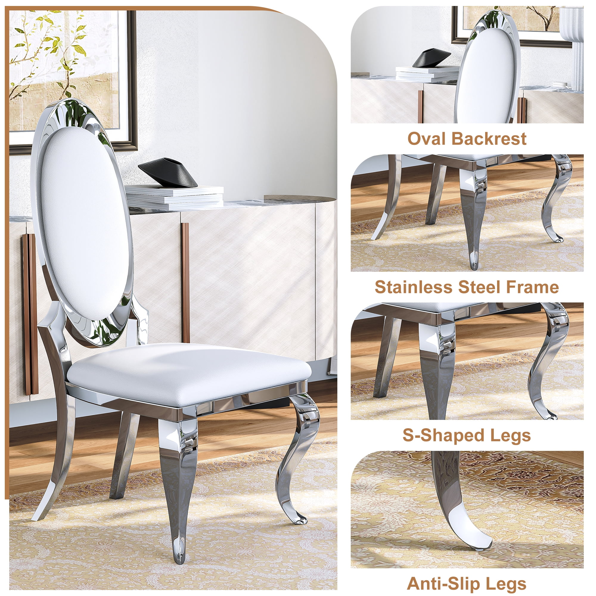 Luxury Dining Chairs Set of 4, Oval Back PU Upholstered Chairs with Stainless Steel Cabriole Legs, Dining Chairs for Kitchen, Living Room, Office