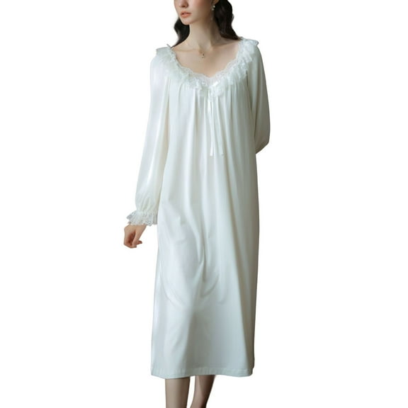 SWSMCLT Women's Lace Princess Nightgown Autumn Adorable Old Fashioned Night Shirt Lounge Dress Long Sleeve Baggy White Large