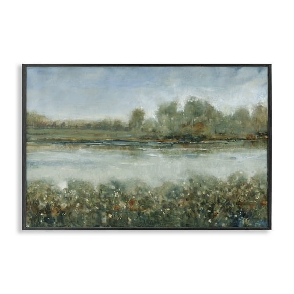 Stupell Industries Vegetation Lining River Landscape & Nature Painting Black Framed Art Print Wall Art, 18 x 12