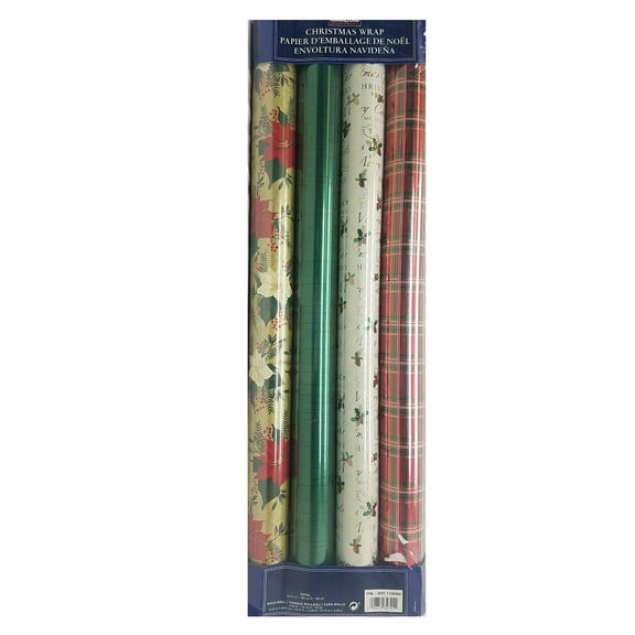 Kirkland 4 Roll Christmas Gift Wrap 180 sq ft: Poinsettia/Green/Merry Christmas/Plaid