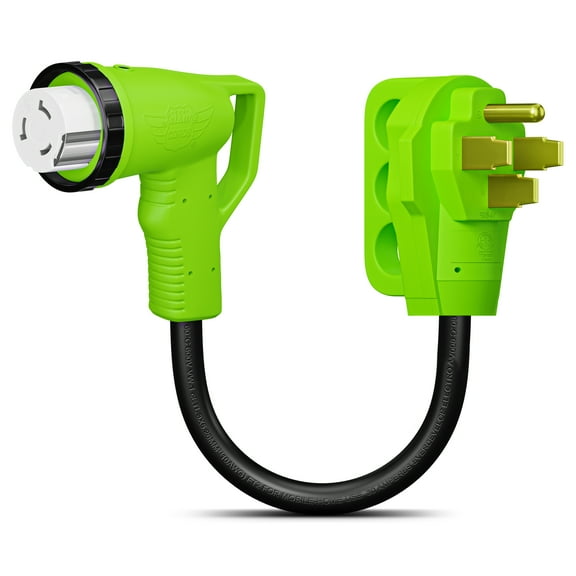 Leisure Cords 12" 90-Degree Dogbone RV Adapter 50 Amp Male and 50 Amp Female with Twist Lock and LED Power Indicator