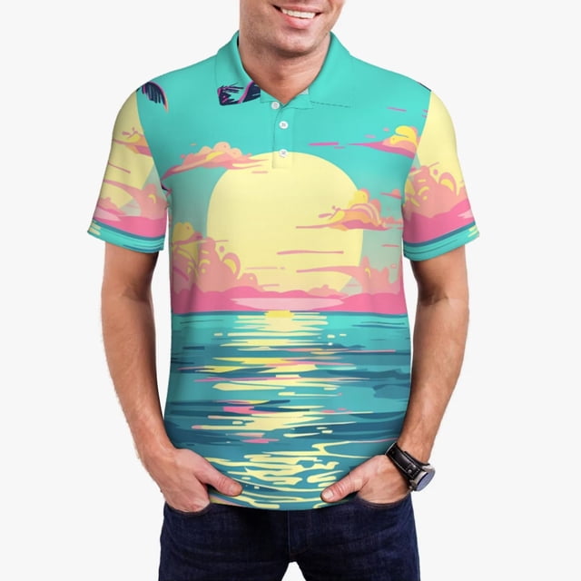 Balery Retro Palm Beach Sunset Camisa Polo de Hombre con Estampado, de Manga Corta y Tejido Medio, Camisa Tipo Golf Polo-Large