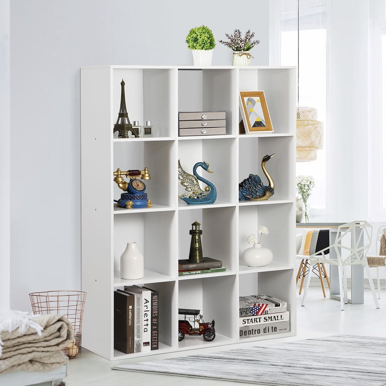 White 12-Cube Storage Organizer Bookcase - Wooden Shelf Unit For Home, Office, Or Living Room
