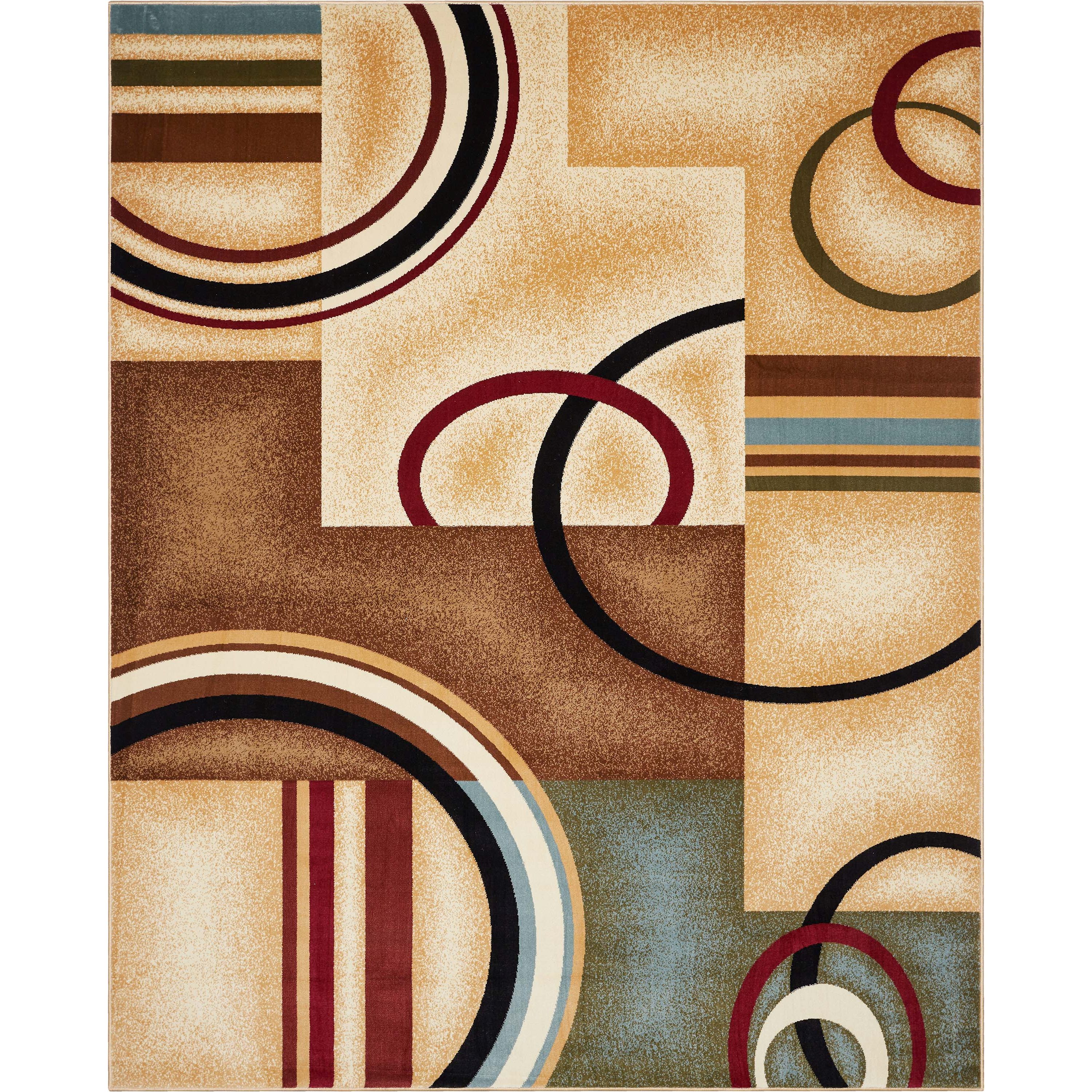 Well Woven Deco Rings Red Ivory Light Blue Geometric Modern Casual Area Rug Easy to Clean Stain Fade Resistant Shed Free Abstract Contemporary Color Block Boxes Lines Soft Living Dining Room Rug