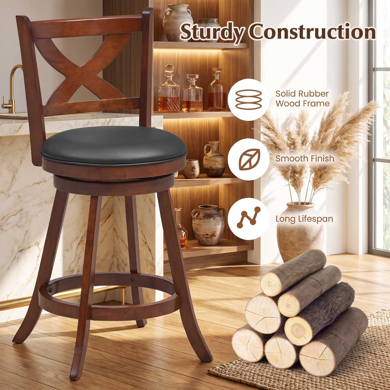 Furnibear 2 Pieces Classic Counter Height Swivel Bar Stool Set with X-shaped Open Back-24 Inch for Kitchen Island Counter Bar Pub Dining, Espresso