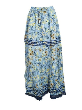 Mogul Women Blue Floral Print Long Skirt Boho Chic Gypsy Cotton Summer Skirt S/M