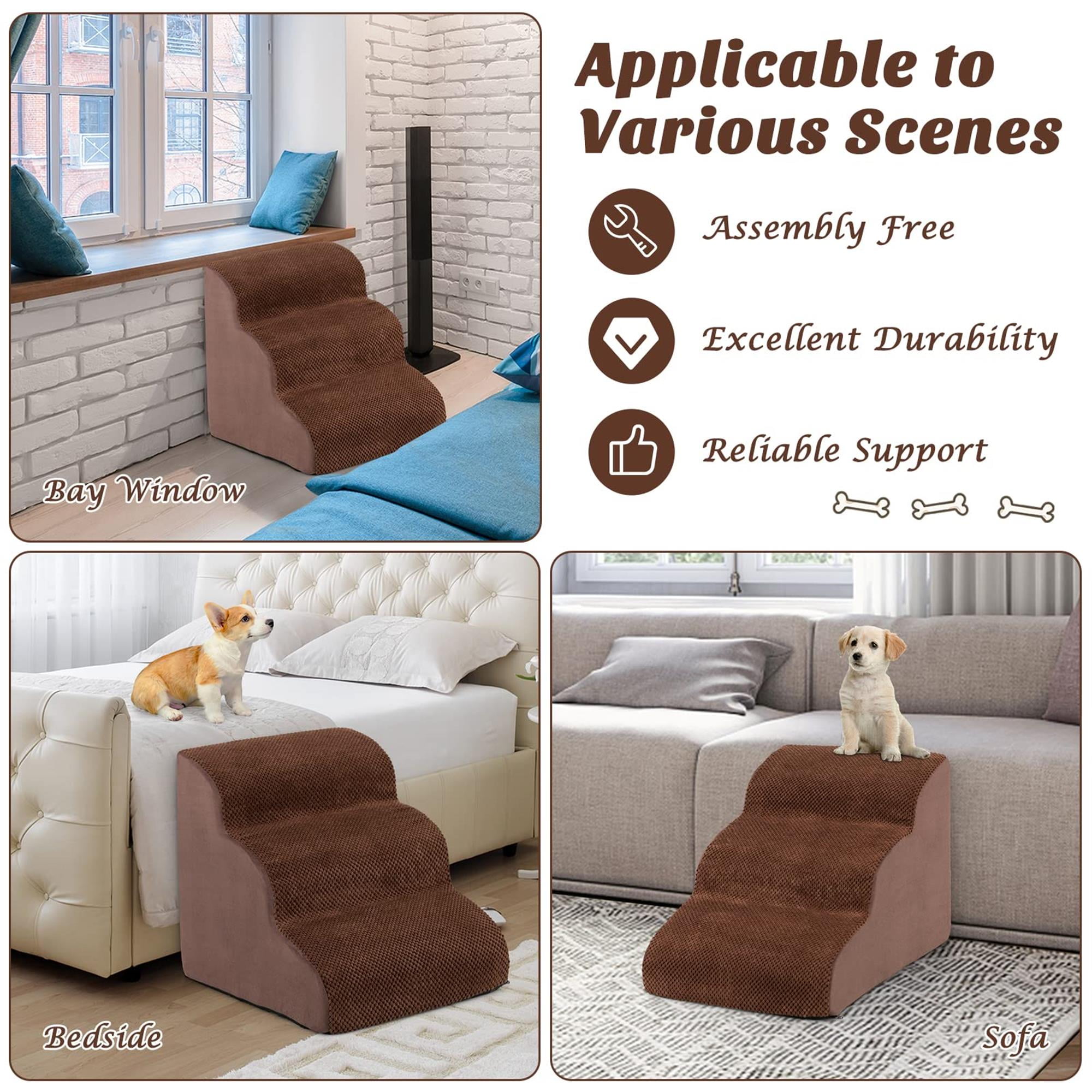 resenkos 23" Pet Stairs for Small Dogs, 3-Step Dog Ramp for Beds and Couch, Non-Slip Balanced Indoor Step, Brown
