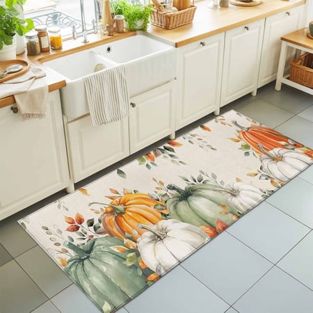 Runner Rug for Bedroom Hallway Thanksgiving Pumpkin Autumn Eucalyptus Leaves Kitchen Runner Rugs Area Rug 2x6ft Vintage Linen Washable Soft Floor Carpet for Entryway Stair