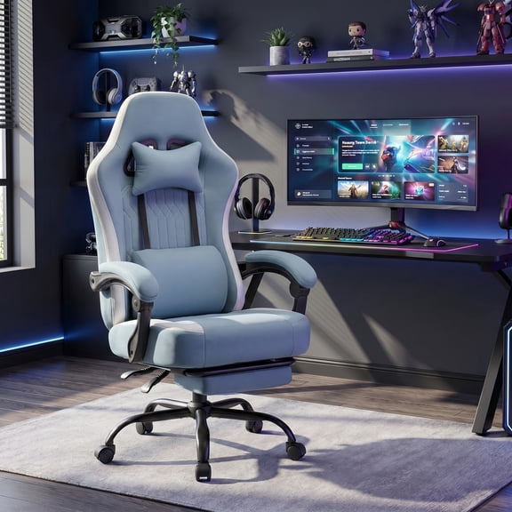 Kelno Ergonomic Gaming Chair with Footrest Lumbar Support Adjustable High Back Swivel Office Chair, Blue