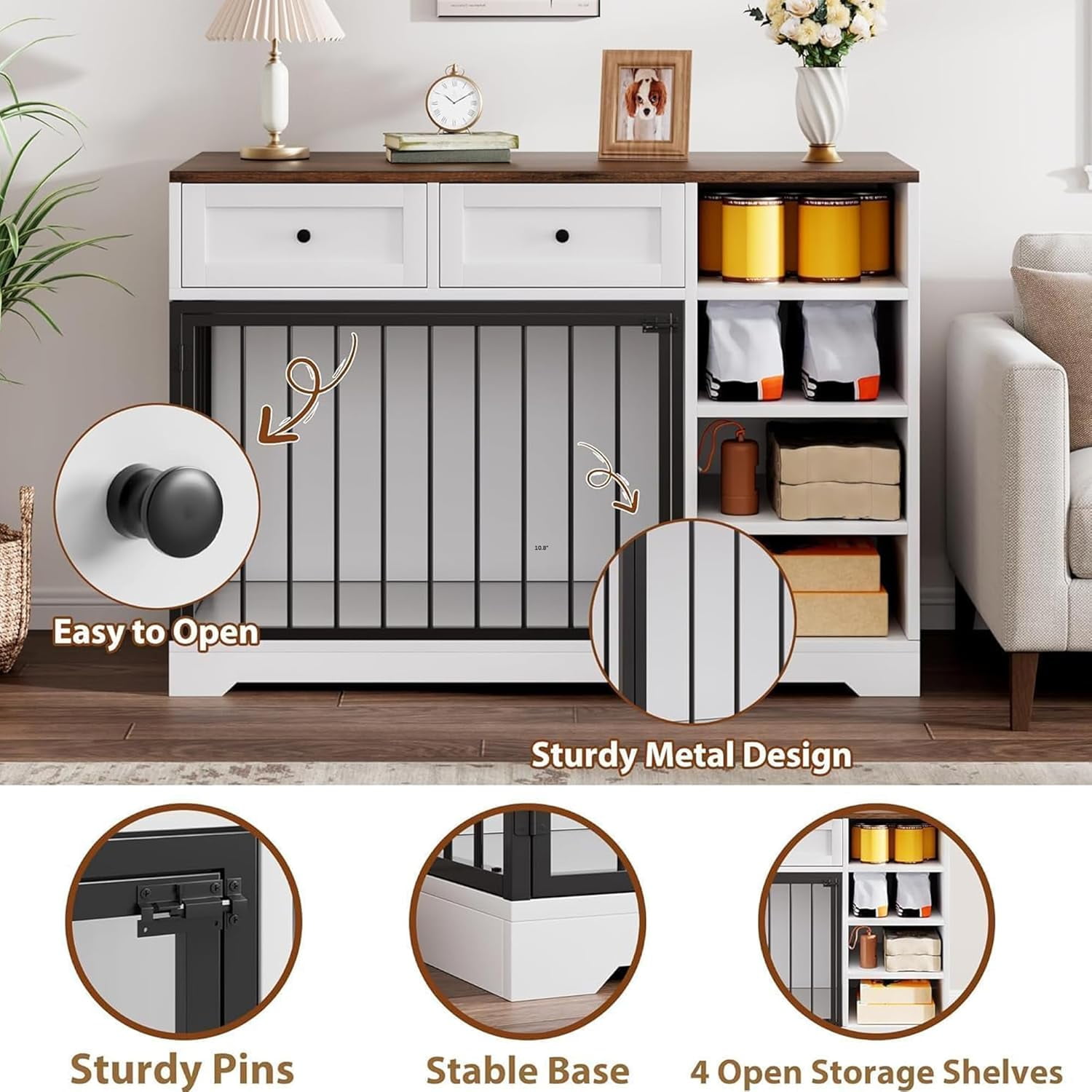 Homhougo Dog Crate Furniture 47”, Large Dog Crate TV Stand with 2 Drawers and 4 Shelves, Wooden Dog Kennel Indoor, Decorative Dog Cage with Storage for Large Dogs, White